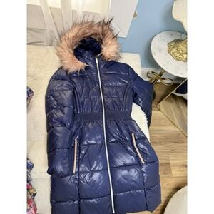 MICHAEL Michael Kors Girls Navy Quilted Puffer Coat Faux Fur Hood Size 16